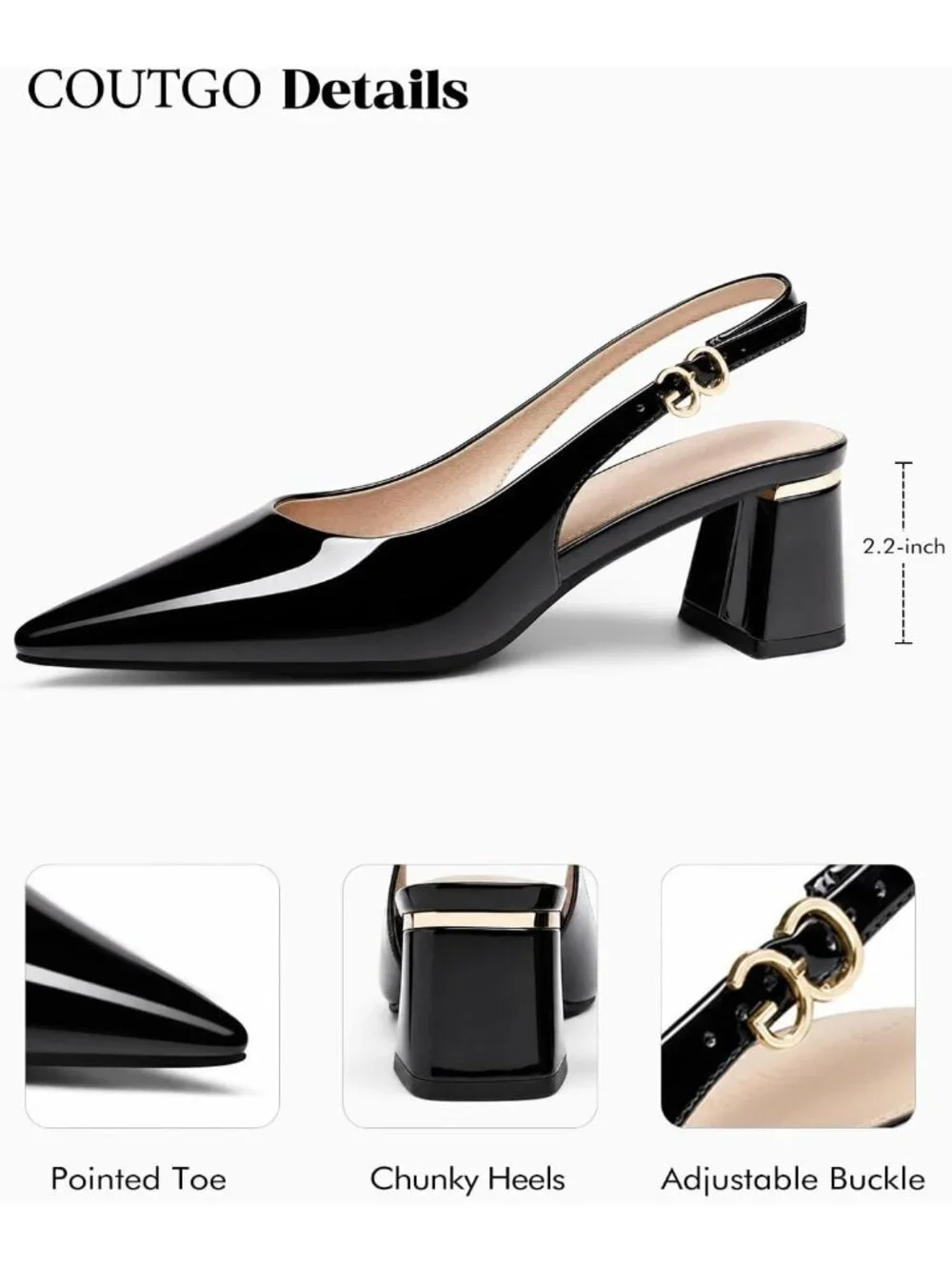 Women's Cool Black Chunky Heels Pointed Closed Toe Pumps Adjustable Strap Shoes